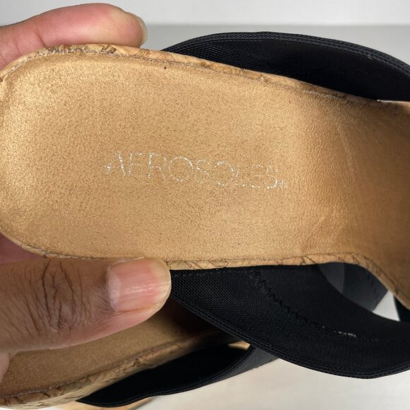 Aerosoles Party Plush Women's Black Stretch Open Toe Cork Wedge Sandal Size 9 - Picture 7 of 10